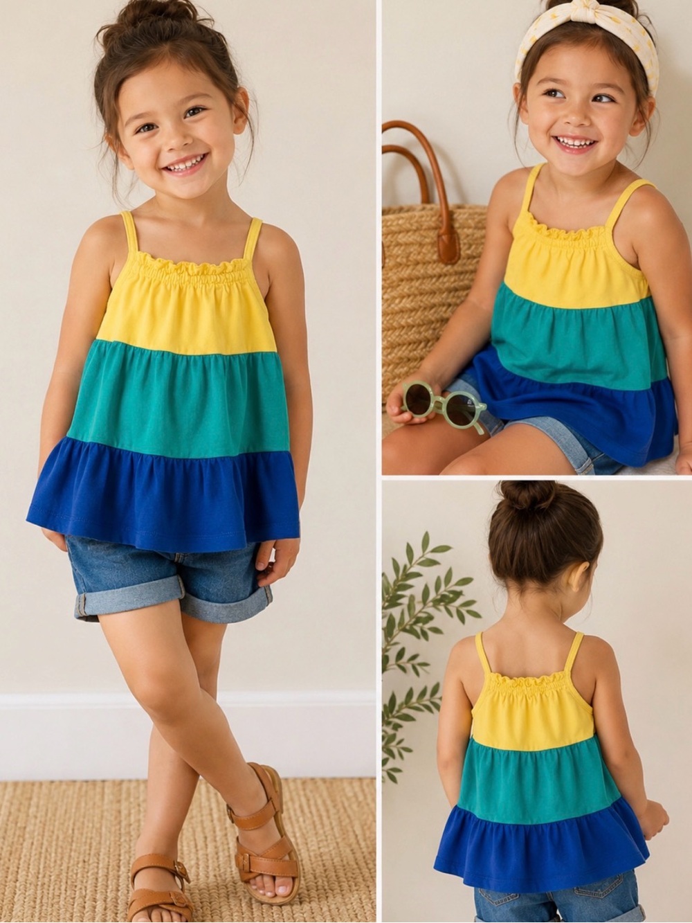 Hanna Andersson Colorblock Tiered Tank Top Girls Size 3 Yellow Blue Green Summer